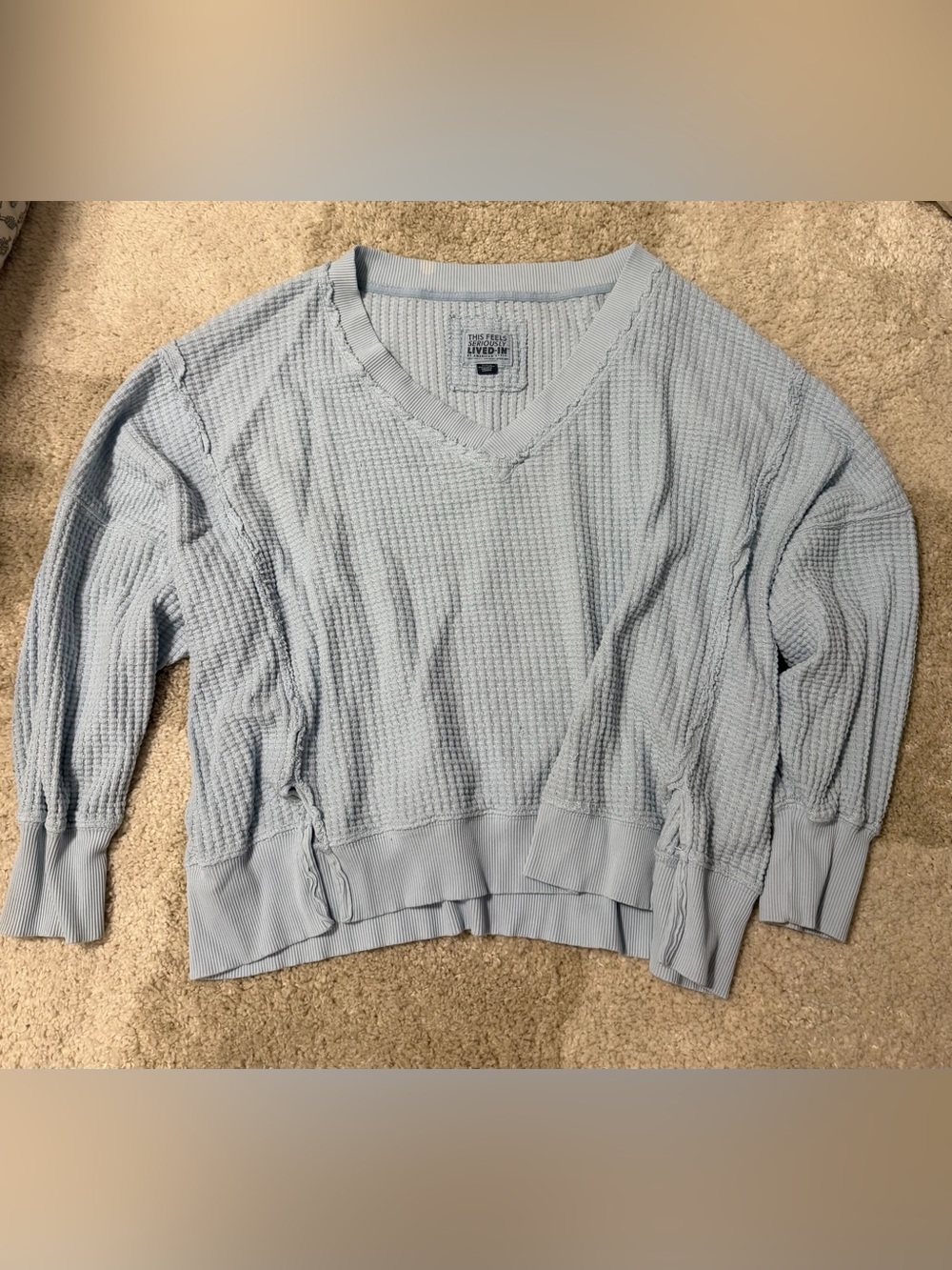 Aerie Seriously Lived-In Waffle Knit Oversized V-Neck Pullover Sweatshirt Medium